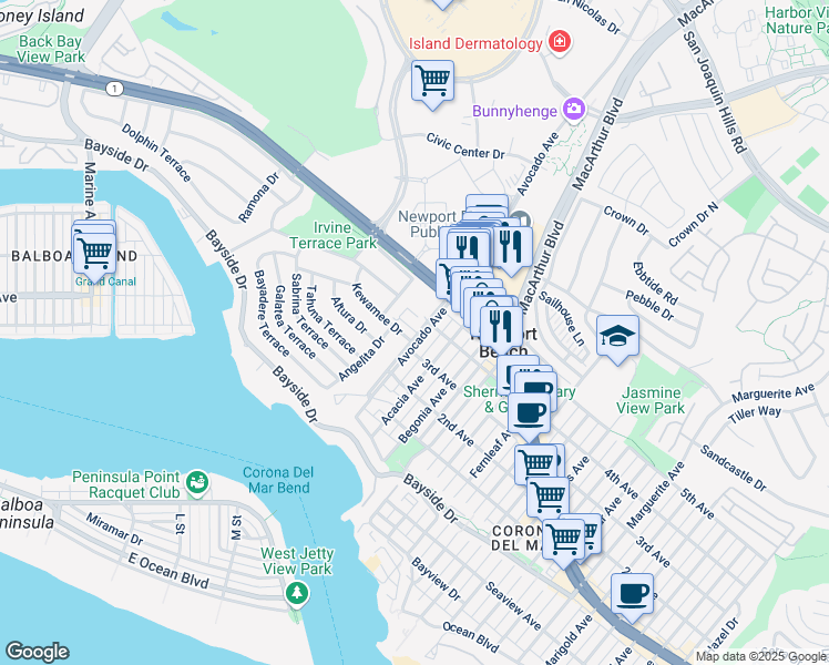 map of restaurants, bars, coffee shops, grocery stores, and more near 749 Avocado Avenue in Newport Beach