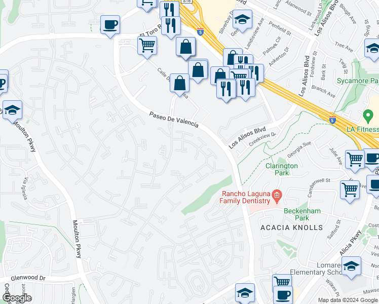 map of restaurants, bars, coffee shops, grocery stores, and more near in Laguna Woods
