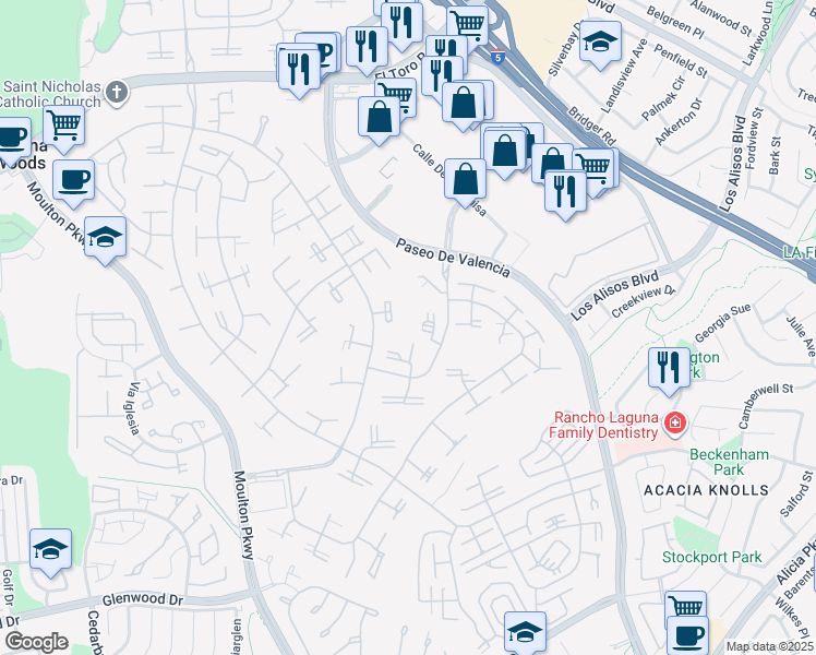 map of restaurants, bars, coffee shops, grocery stores, and more near 111 Via Estrada in Laguna Woods