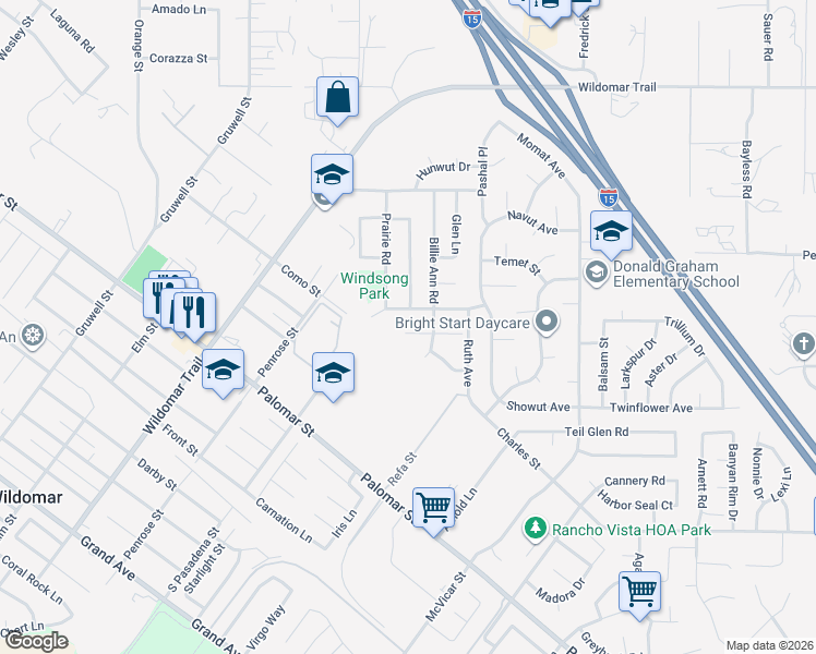 map of restaurants, bars, coffee shops, grocery stores, and more near 22628 Weatherly Court in Wildomar