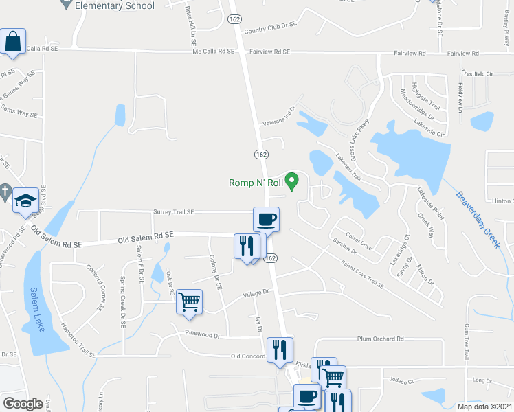 map of restaurants, bars, coffee shops, grocery stores, and more near 2230 Surrey Trail Southeast in Conyers