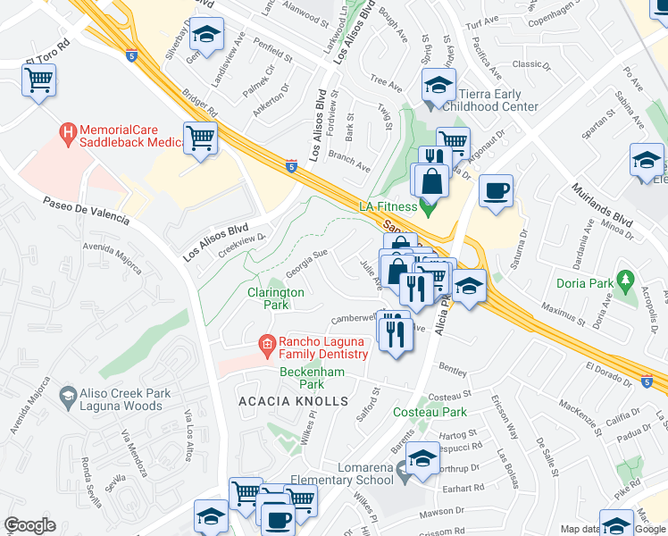 map of restaurants, bars, coffee shops, grocery stores, and more near 24631 Paige Circle in Laguna Hills