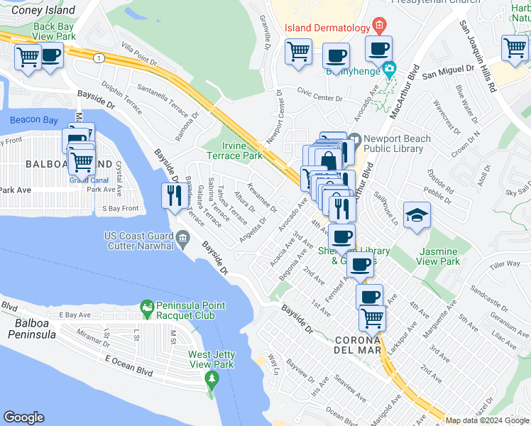 map of restaurants, bars, coffee shops, grocery stores, and more near 521 Angelita Drive in Newport Beach