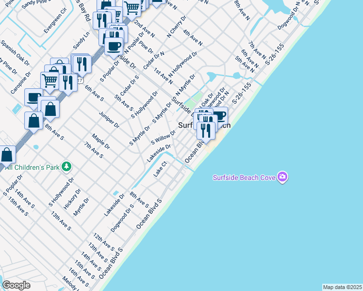 map of restaurants, bars, coffee shops, grocery stores, and more near 210 Dogwood Drive South in Myrtle Beach