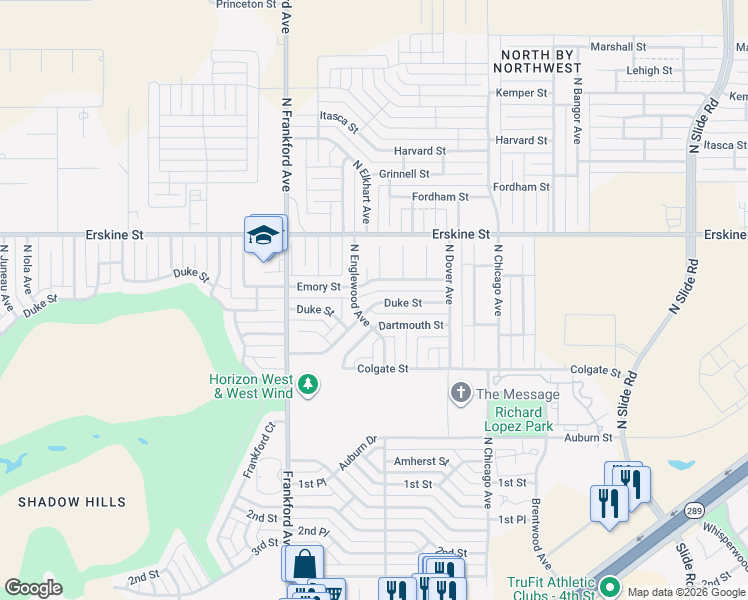 map of restaurants, bars, coffee shops, grocery stores, and more near 5626 Duke Street in Lubbock