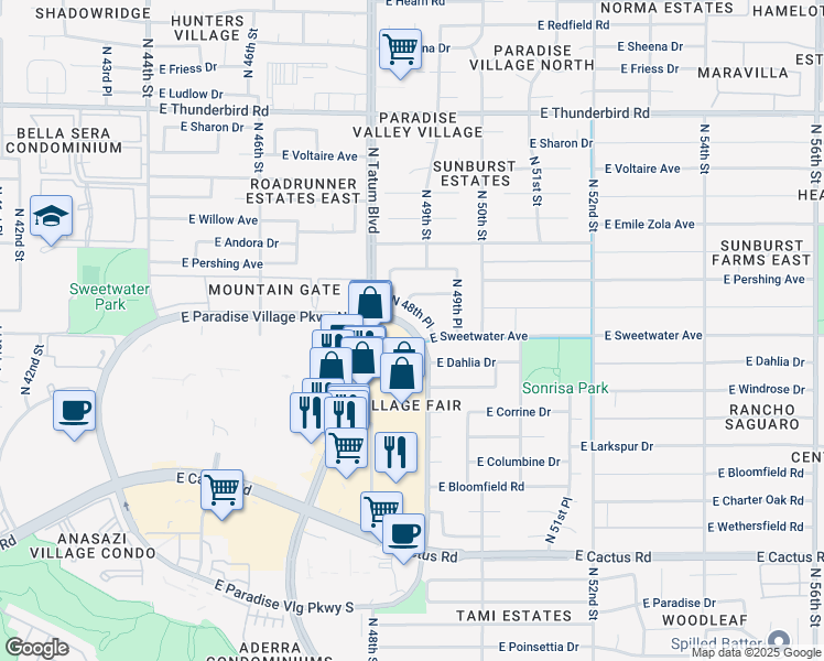 map of restaurants, bars, coffee shops, grocery stores, and more near 12871 North Tatum Boulevard in Phoenix