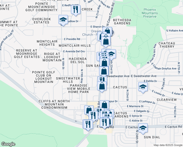 map of restaurants, bars, coffee shops, grocery stores, and more near 2106 East Sweetwater Avenue in Phoenix