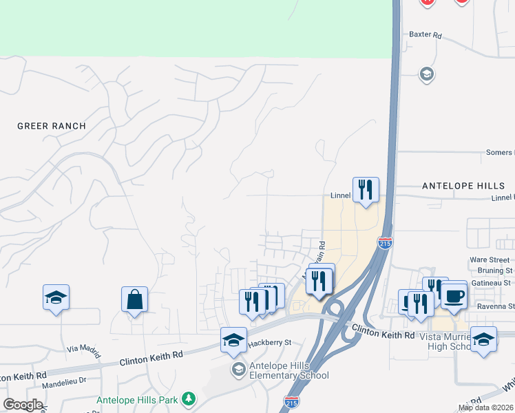 map of restaurants, bars, coffee shops, grocery stores, and more near 27495 Linnel Lane in Murrieta