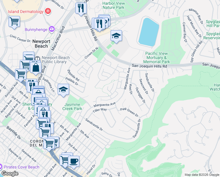 map of restaurants, bars, coffee shops, grocery stores, and more near 5 Breakwater Drive in Newport Beach