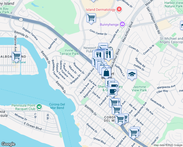 map of restaurants, bars, coffee shops, grocery stores, and more near 701 1/2 Acacia Avenue in Newport Beach