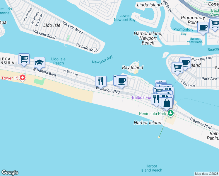 map of restaurants, bars, coffee shops, grocery stores, and more near 200 7th Street in Newport Beach