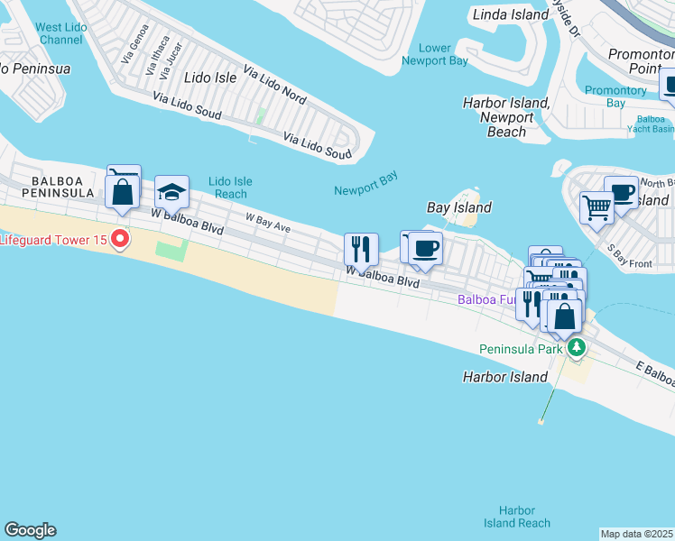 map of restaurants, bars, coffee shops, grocery stores, and more near 110 8th Street in Newport Beach