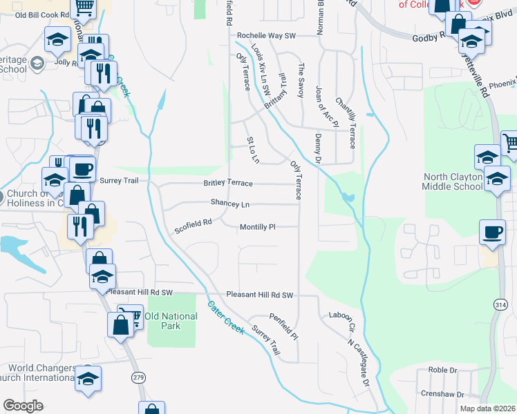 map of restaurants, bars, coffee shops, grocery stores, and more near 2192 Shancey Lane in Atlanta