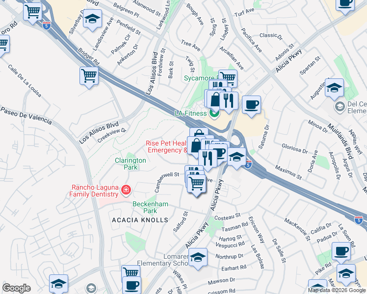 map of restaurants, bars, coffee shops, grocery stores, and more near 24962 Carol Lane in Laguna Hills