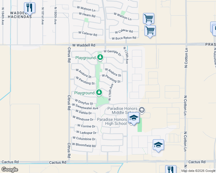 map of restaurants, bars, coffee shops, grocery stores, and more near 17615 West Surrey Drive in Surprise