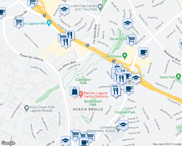 map of restaurants, bars, coffee shops, grocery stores, and more near 24646 Kim Circle in Laguna Hills