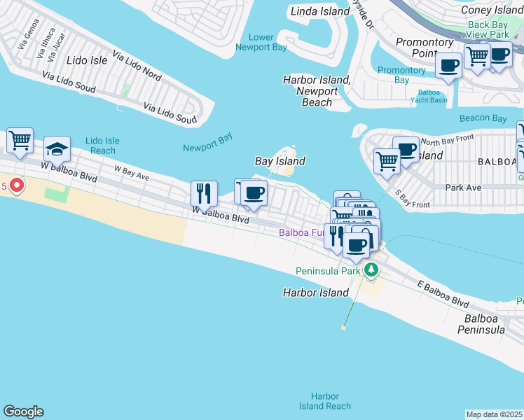 map of restaurants, bars, coffee shops, grocery stores, and more near 104 East Bay Avenue in Newport Beach