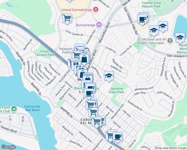 map of restaurants, bars, coffee shops, grocery stores, and more near 2569 Bungalow Place in Newport Beach