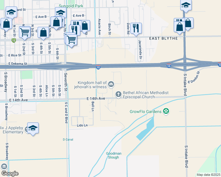 map of restaurants, bars, coffee shops, grocery stores, and more near 441 River Valley Avenue in Blythe