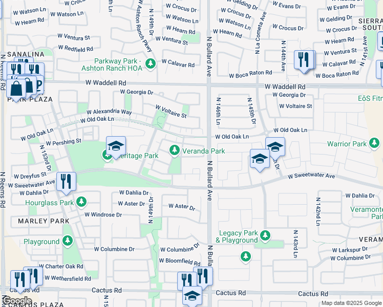 map of restaurants, bars, coffee shops, grocery stores, and more near 14792 West Surrey Drive in Surprise