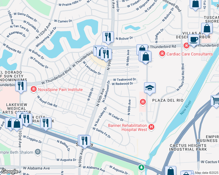 map of restaurants, bars, coffee shops, grocery stores, and more near 13211 North Lakeforest Drive in Sun City