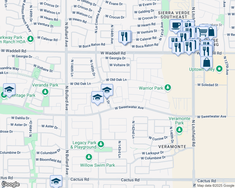 map of restaurants, bars, coffee shops, grocery stores, and more near 13279 North 144th Drive in Surprise