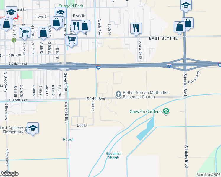 map of restaurants, bars, coffee shops, grocery stores, and more near 441 River Valley Avenue in Blythe
