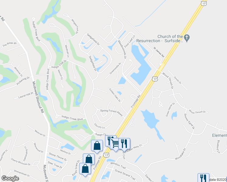 map of restaurants, bars, coffee shops, grocery stores, and more near 242 Golden Oaks Drive in Murrells Inlet