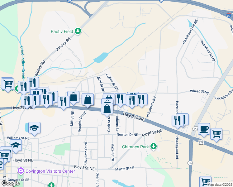 map of restaurants, bars, coffee shops, grocery stores, and more near 6238 Collins Street Northeast in Covington