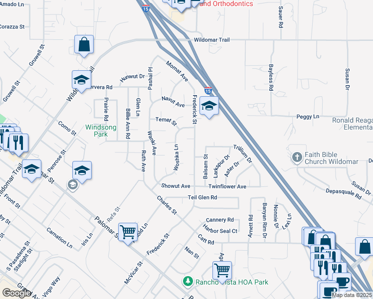 map of restaurants, bars, coffee shops, grocery stores, and more near 22956 Akwo Circle in Wildomar