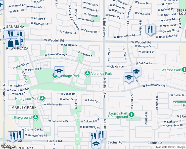 map of restaurants, bars, coffee shops, grocery stores, and more near 14792 West Surrey Drive in Surprise