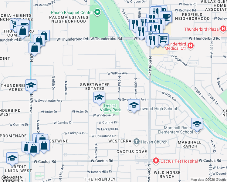 map of restaurants, bars, coffee shops, grocery stores, and more near 6116 West Wood Drive in Glendale