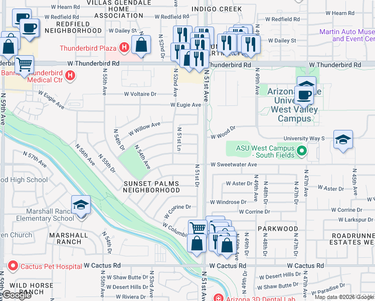 map of restaurants, bars, coffee shops, grocery stores, and more near 5126 West Wood Drive in Glendale