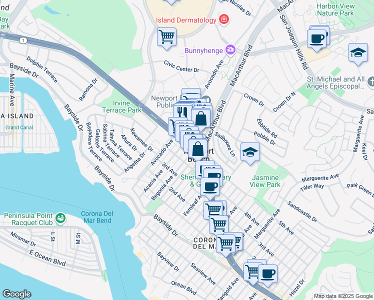 map of restaurants, bars, coffee shops, grocery stores, and more near 2345 California 1 in Newport Beach