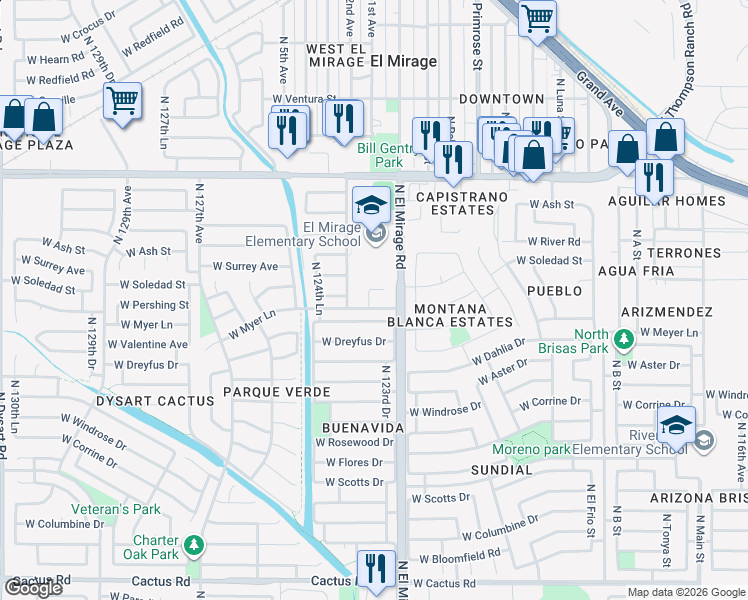 map of restaurants, bars, coffee shops, grocery stores, and more near 13305 North 123rd Lane in El Mirage