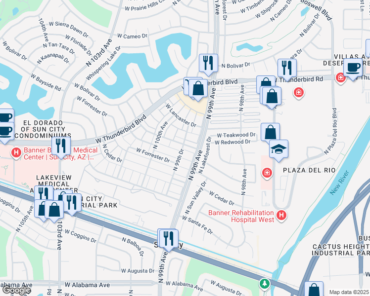 map of restaurants, bars, coffee shops, grocery stores, and more near 9915 West Hawthorn Drive in Sun City