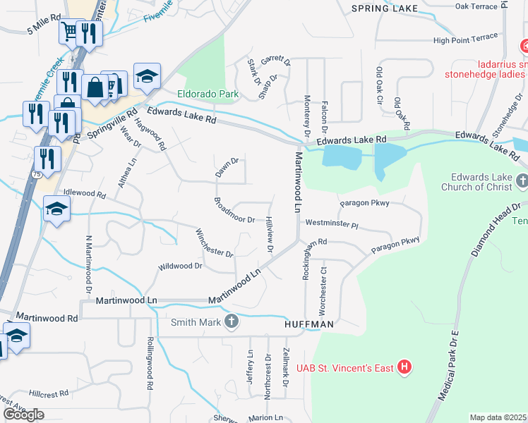 map of restaurants, bars, coffee shops, grocery stores, and more near 904 Hillview Drive in Birmingham