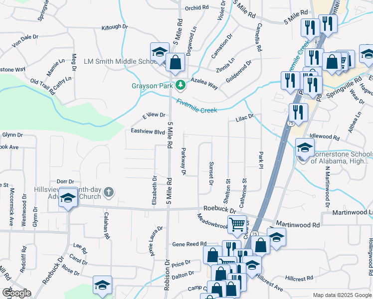 map of restaurants, bars, coffee shops, grocery stores, and more near 953 Parkway Drive in Birmingham