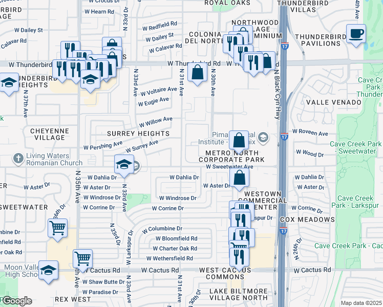 map of restaurants, bars, coffee shops, grocery stores, and more near 2902 West Sweetwater Avenue in Phoenix