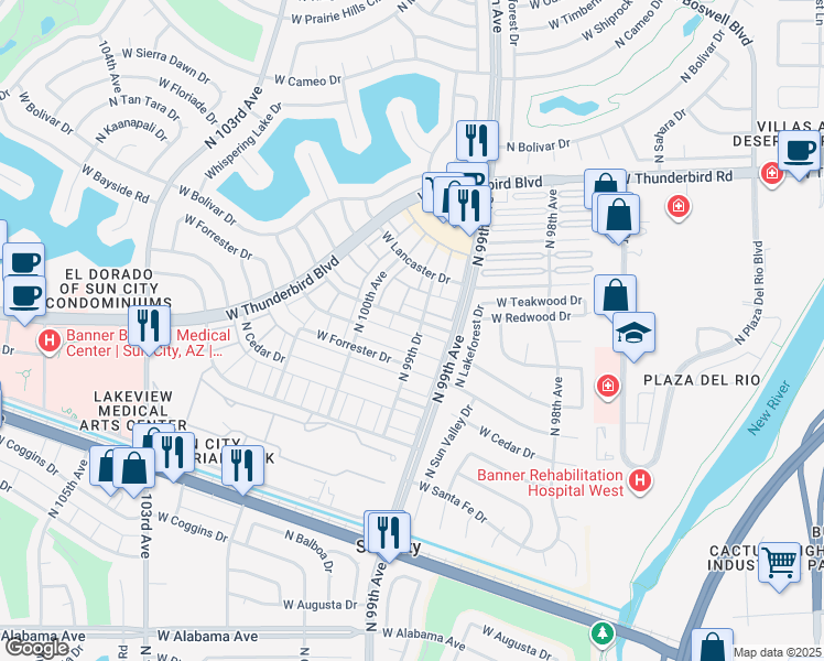 map of restaurants, bars, coffee shops, grocery stores, and more near 9915 West Hawthorn Drive in Sun City