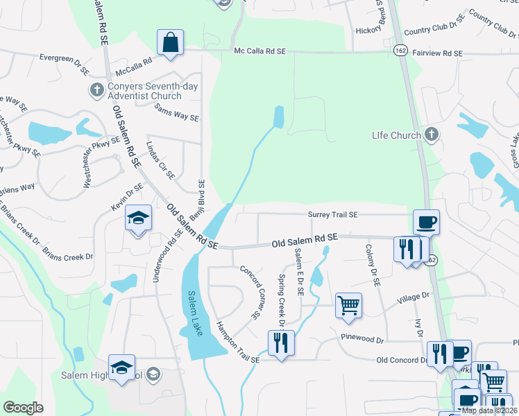 map of restaurants, bars, coffee shops, grocery stores, and more near 1926 Surrey Trail Southeast in Conyers