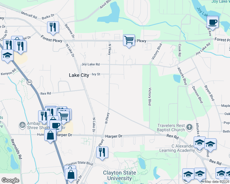 map of restaurants, bars, coffee shops, grocery stores, and more near 5519 Oak Street in Morrow