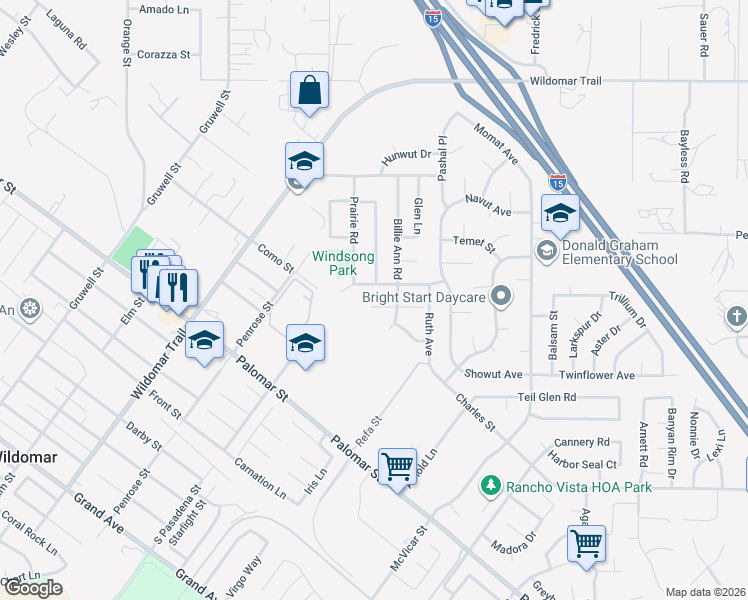 map of restaurants, bars, coffee shops, grocery stores, and more near 22628 Weatherly Court in Wildomar