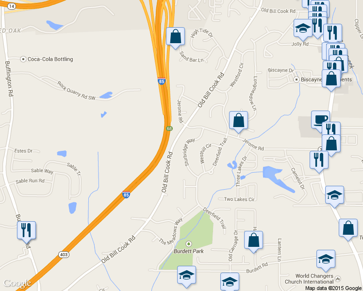 map of restaurants, bars, coffee shops, grocery stores, and more near 5557 Sturbridge Way in Atlanta