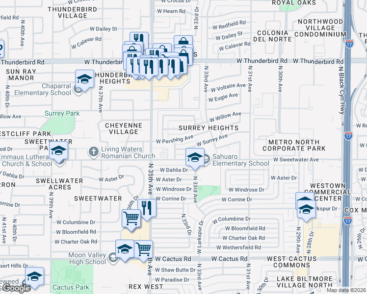 map of restaurants, bars, coffee shops, grocery stores, and more near 3356 West Surrey Avenue in Phoenix