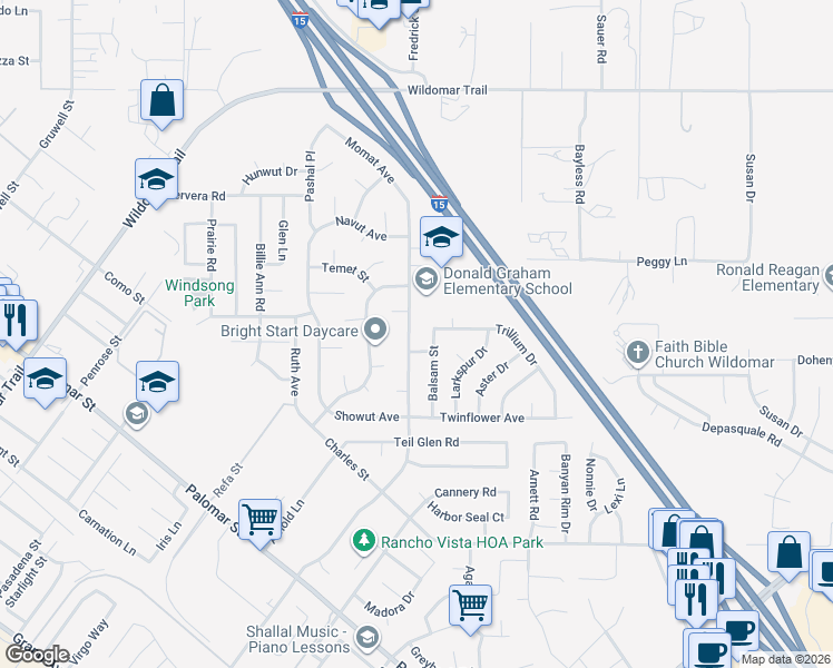 map of restaurants, bars, coffee shops, grocery stores, and more near 35552 Frederick Street in Wildomar
