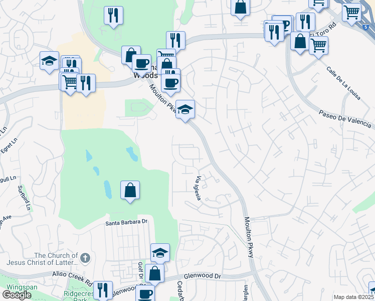 map of restaurants, bars, coffee shops, grocery stores, and more near 23402 Via Jacinto in Aliso Viejo