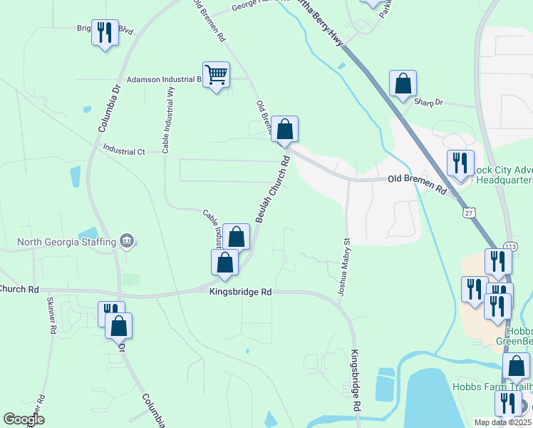 map of restaurants, bars, coffee shops, grocery stores, and more near 122 Beulah Church Road in Carrollton
