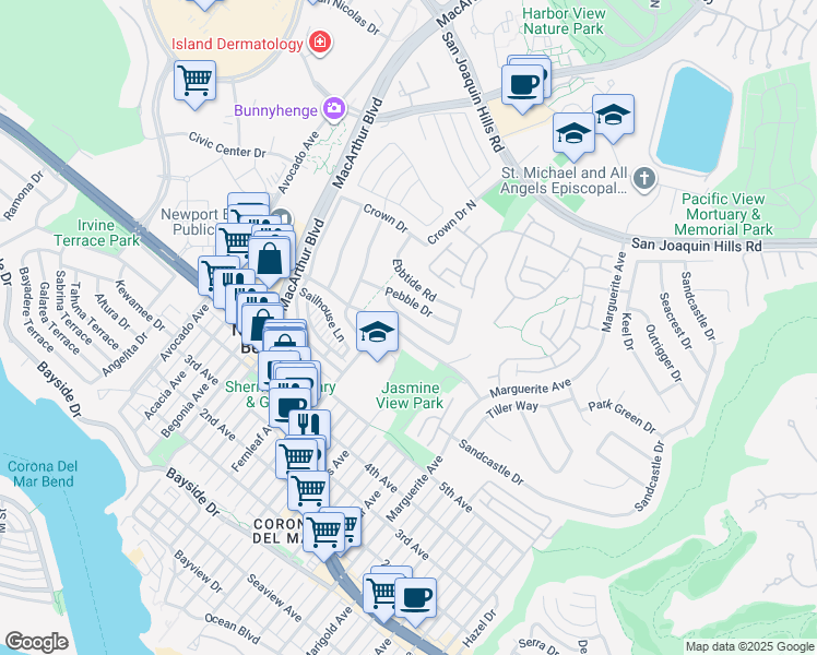 map of restaurants, bars, coffee shops, grocery stores, and more near 2815 Setting Sun Drive in Newport Beach