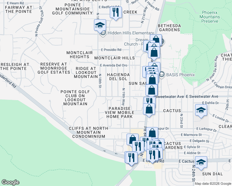 map of restaurants, bars, coffee shops, grocery stores, and more near 13010 North 19th Place in Phoenix
